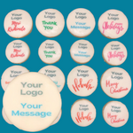 Custom Shortbread cookies for your business.  Just add your logo to our designs or develop your own message.  Available in small and medium sized cookies.