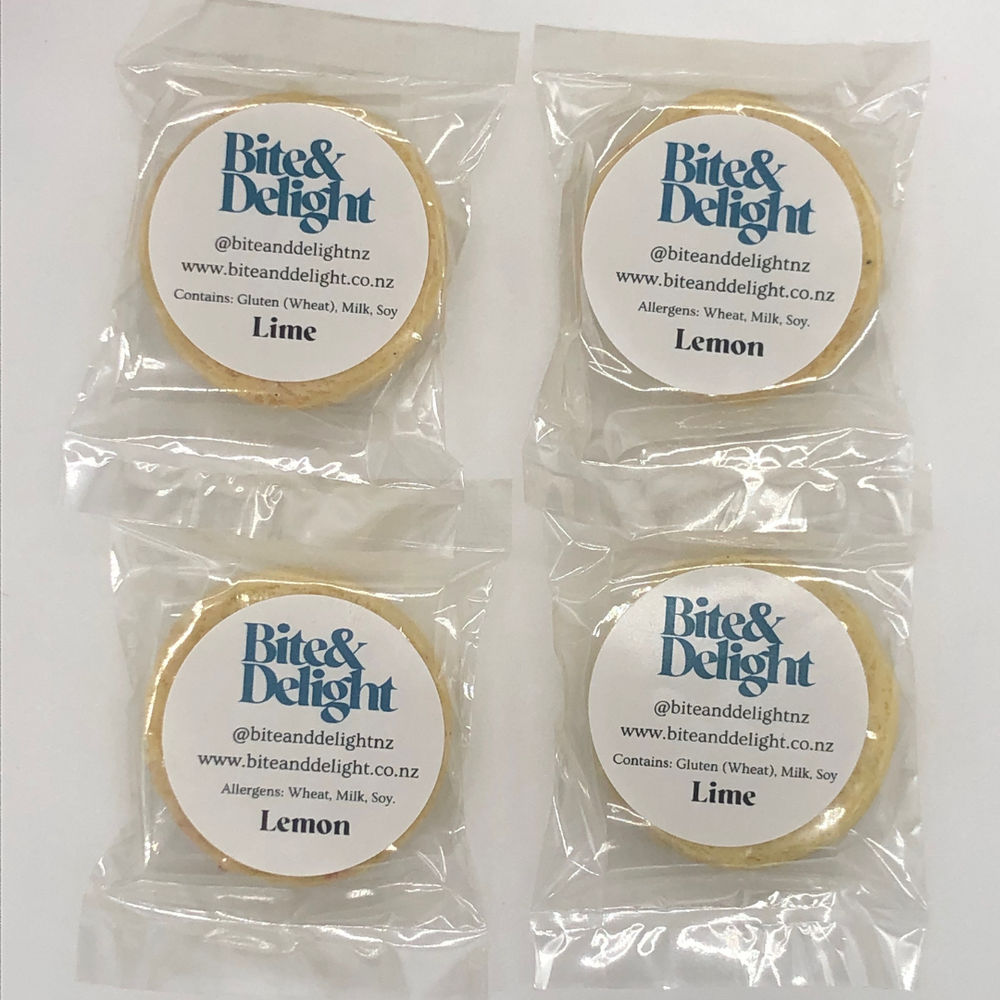 
                  
                    Bite and  Delight individual bulk cookies sticker with flavour and allergens.
                  
                