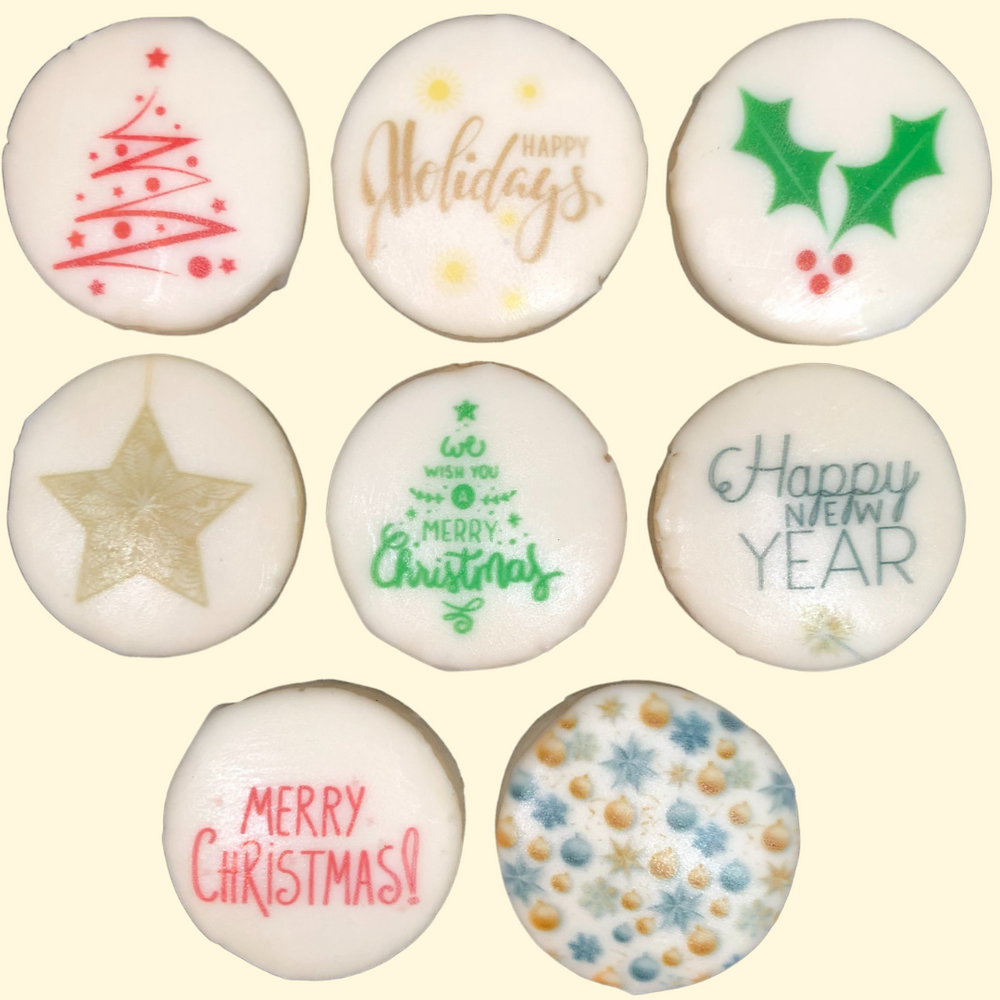 
                  
                    Customised Christmas cookies made with premium Butter Shortbread with lemon and lime white chocolate style icing. Personalised Cookies that look and taste delicious.
                  
                